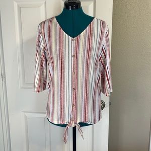 Late August, light jersey knit tie blouse. PM